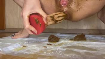 PooGirlSofia spreading feces while upright after anal intercourse