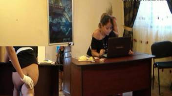 Workplace woman defecating on guy's face