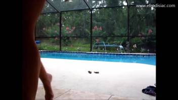 Golden-haired babe peeing and pooping by the poolside