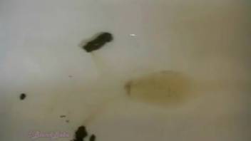 Attractive blonde woman with a stunning body defecating in the restroom