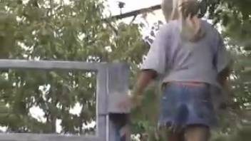 Adorable fair-haired girl pees